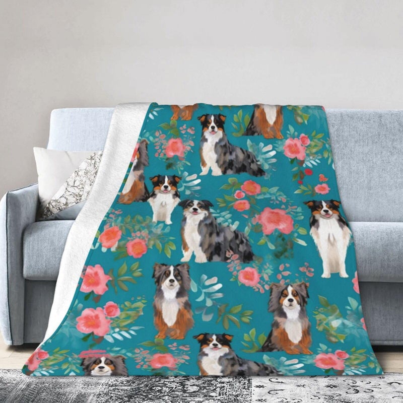 LodiSFOA Australian Shepherd Dogs Flowers Fleece Throw - Lightweight, Super Soft, Cozy Bed - Warm Blanket for Living Room/Bedroom - All Season (50"x40") - Image 2